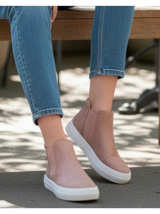 Blush Nubuck Slip-On Platform Sneakers With Elastic Side Panels & White Soles Fo - Picture 4 of 14